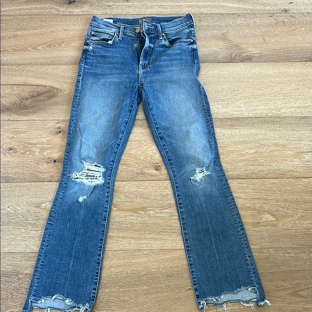 Blue Flare Wide Leg Jeans with Distressed Details